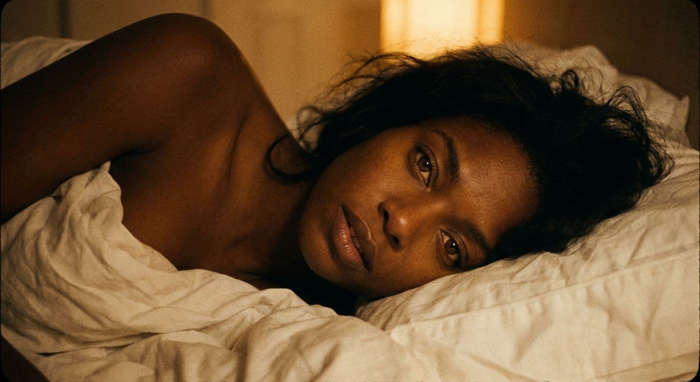 A dark-skinned woman lying in white sheets, mouth just open, eyes steady, close crop from shoulder to brow, warm amber bedside light