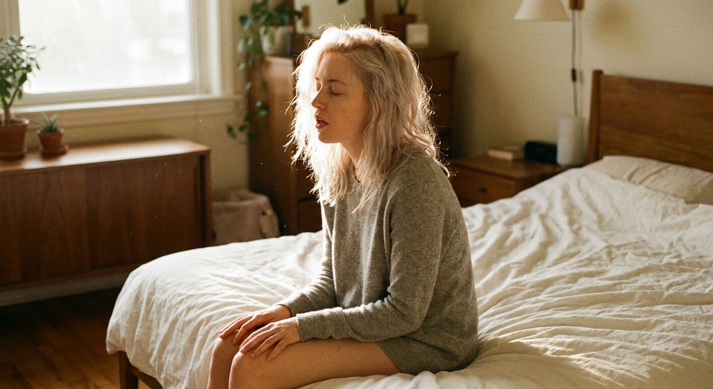 A pale-skinned blonde woman sitting on the edge of a bed, eyes closed, mouth slightly open mid-breath, flooded with morning window light