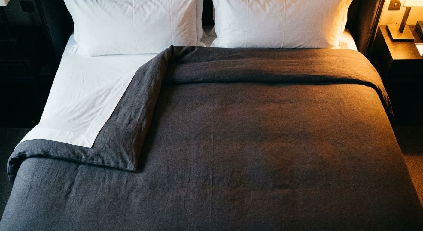 White linen sheets seen from directly above, golden morning light from a tall window casting soft shadows across the fabric