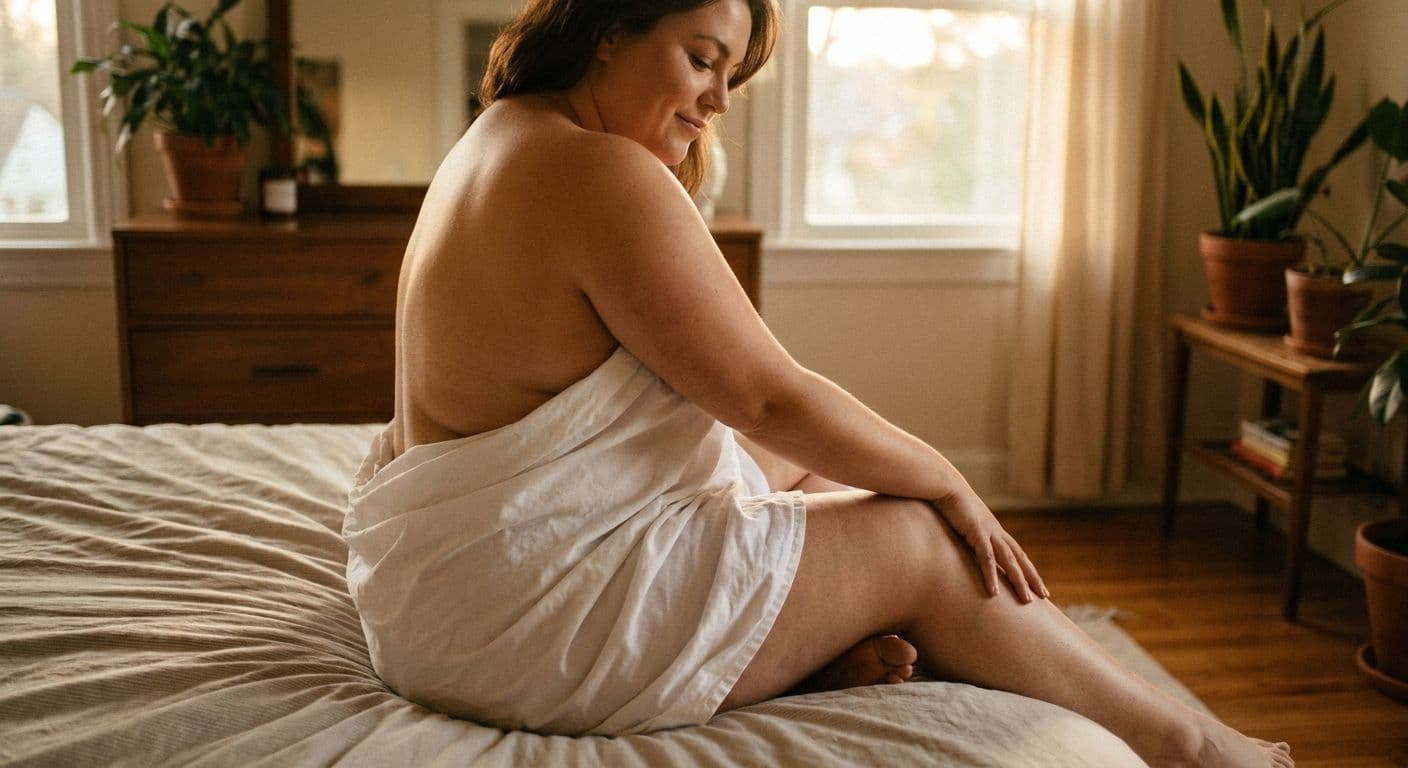 A pale fuller-figured woman in a white cotton slip sitting on the edge of a bed, hand on her knee, looking down with a quiet half-smile, warm afternoon light