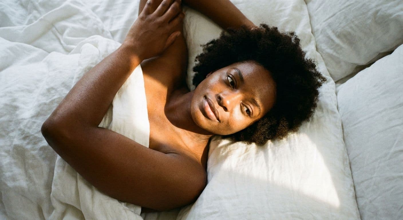 A dark-skinned woman lying on her back in white sheets, arms loosely above her head, quiet open expression, warm afternoon light