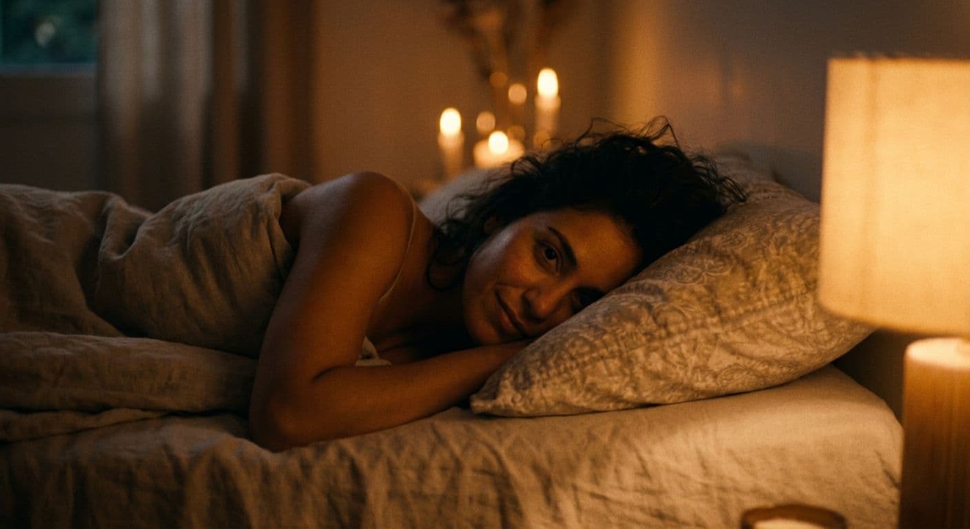 A tan-skinned woman lying on her side in bed in the evening, looking directly at camera with a slow inviting gaze, warm amber lamplight behind her