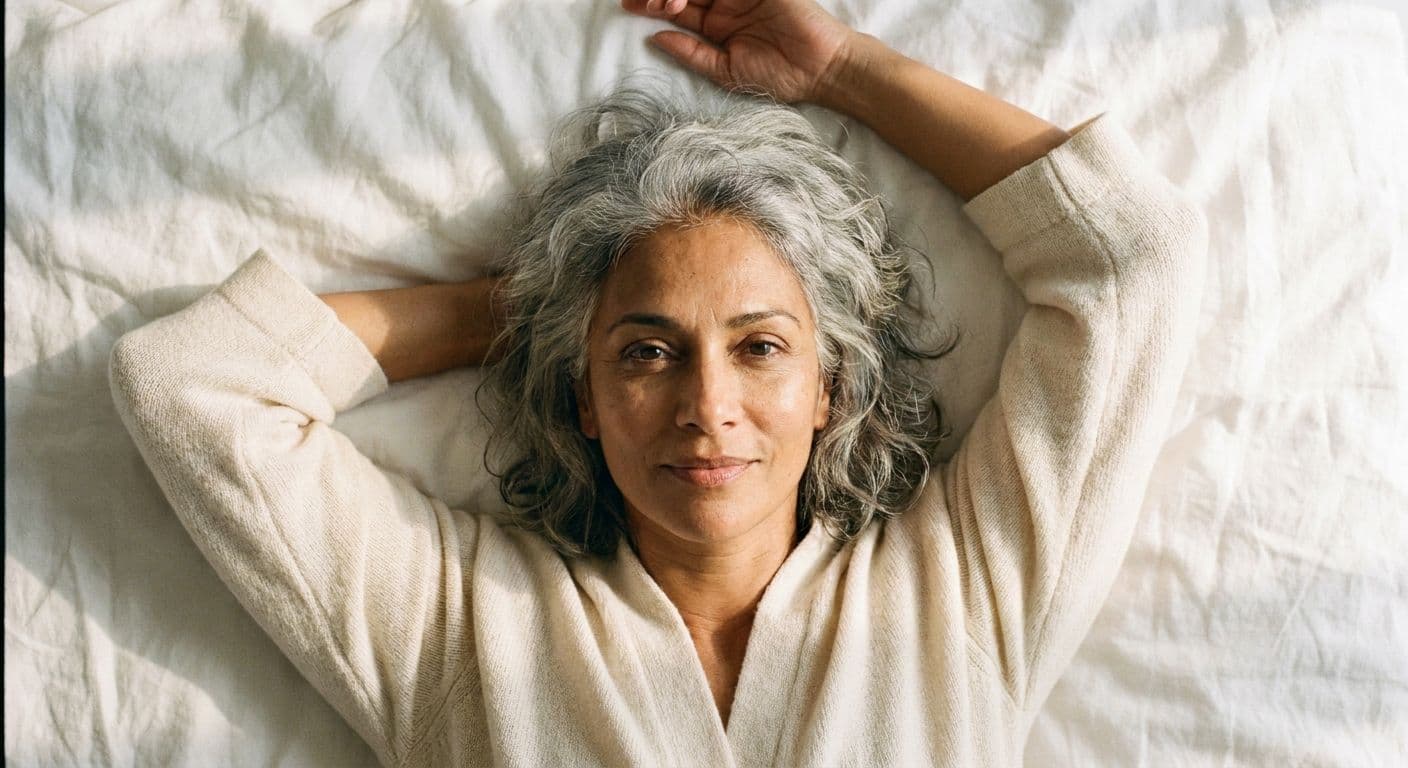 A silver-haired woman in her early fifties with olive skin lying in white sheets, arms above her head, looking up at camera with ease and self-possession