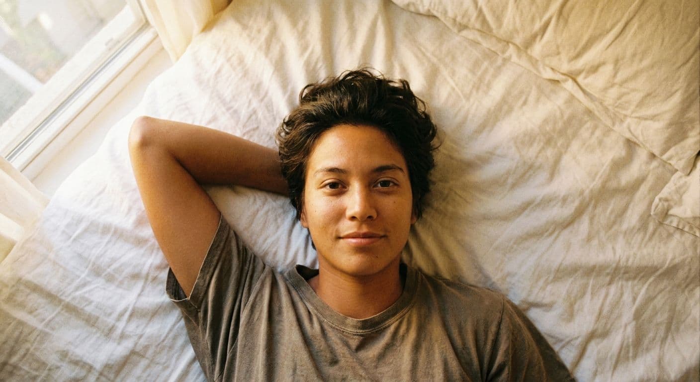 A tan-skinned person with short dark hair lying in white sheets, looking directly up at the camera with a calm self-possessed expression, morning light