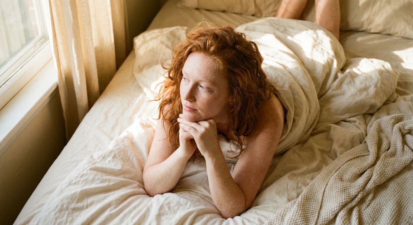 A pale freckled woman with red hair lying on her stomach in white sheets, propped on her elbows, looking to the side with a dreamy curious expression