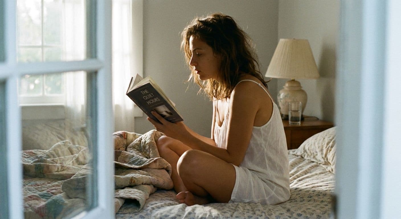 A light olive-skinned woman in a white slip sitting up in bed reading, morning light catching her face and the open pages, bedside lamp behind her