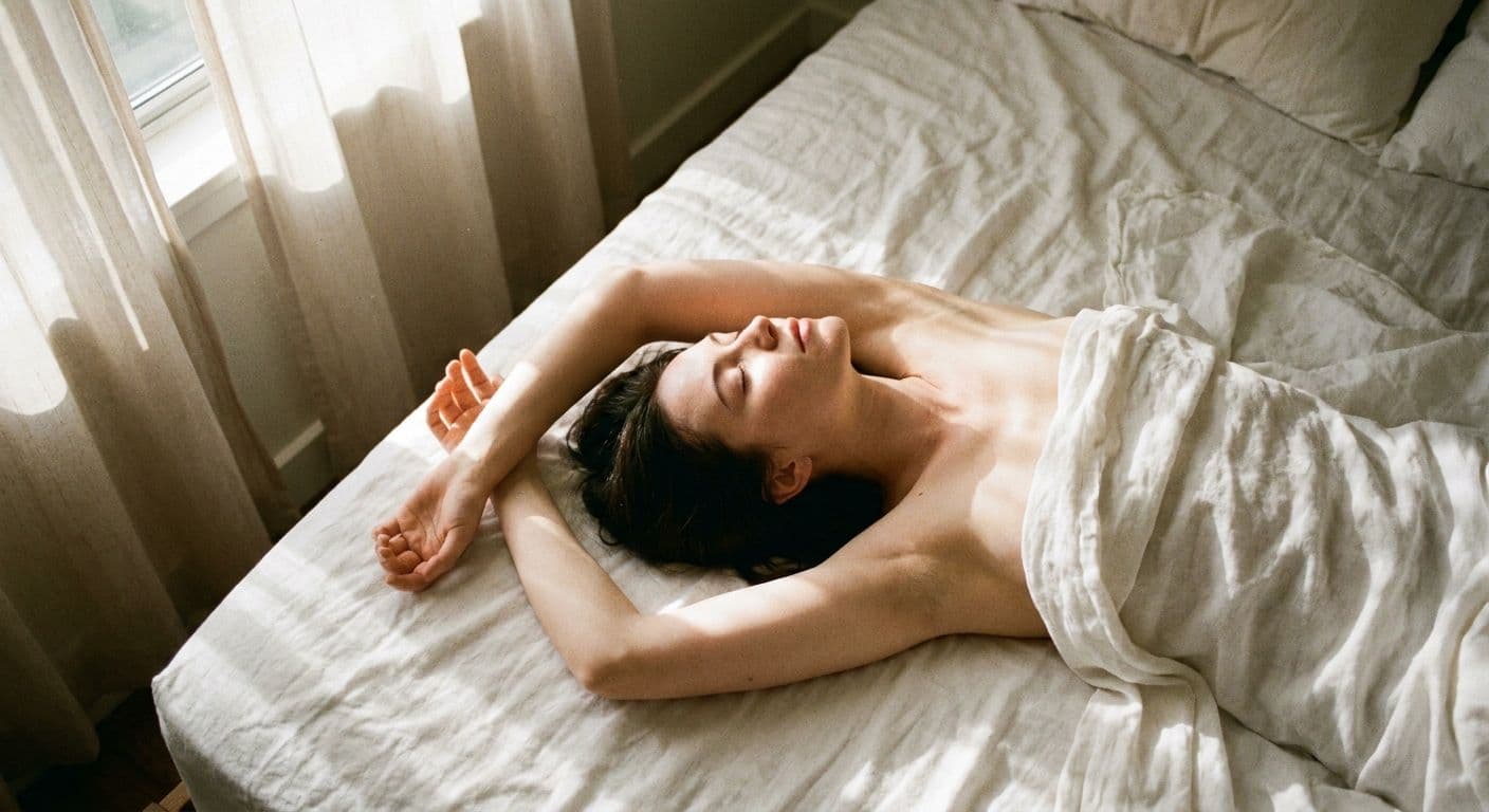 A pale-skinned woman in white sheets with arms flung above her head, head turned, eyes closed in total release, warm morning light