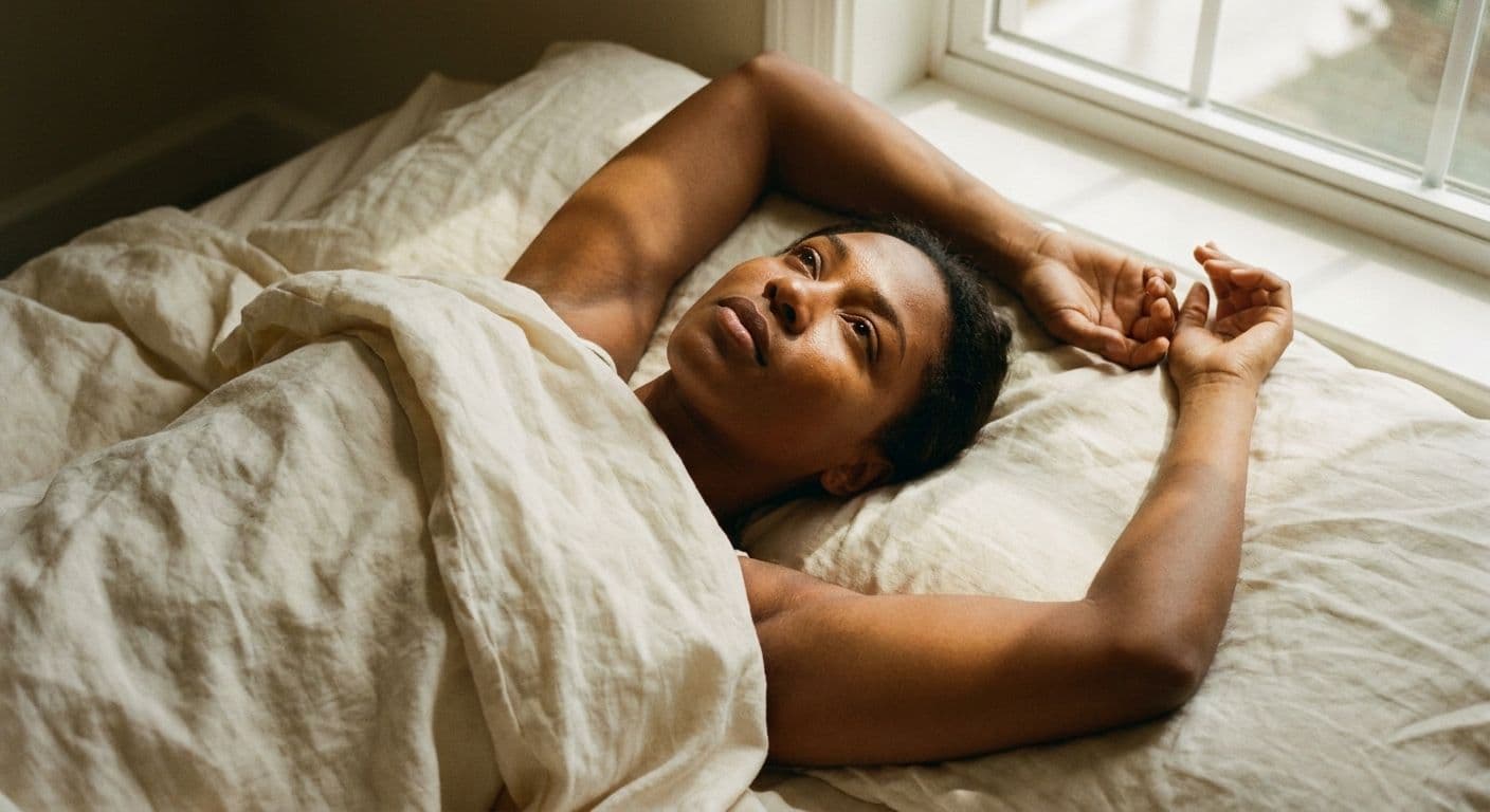 A dark-skinned woman lying on her back in white sheets, hand on stomach, eyes closed, in a state of complete stillness and inward attention