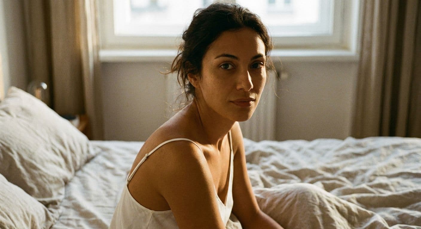 An olive-skinned woman with dark hair sitting up in bed, looking directly at camera with a calm knowing expression, natural morning light