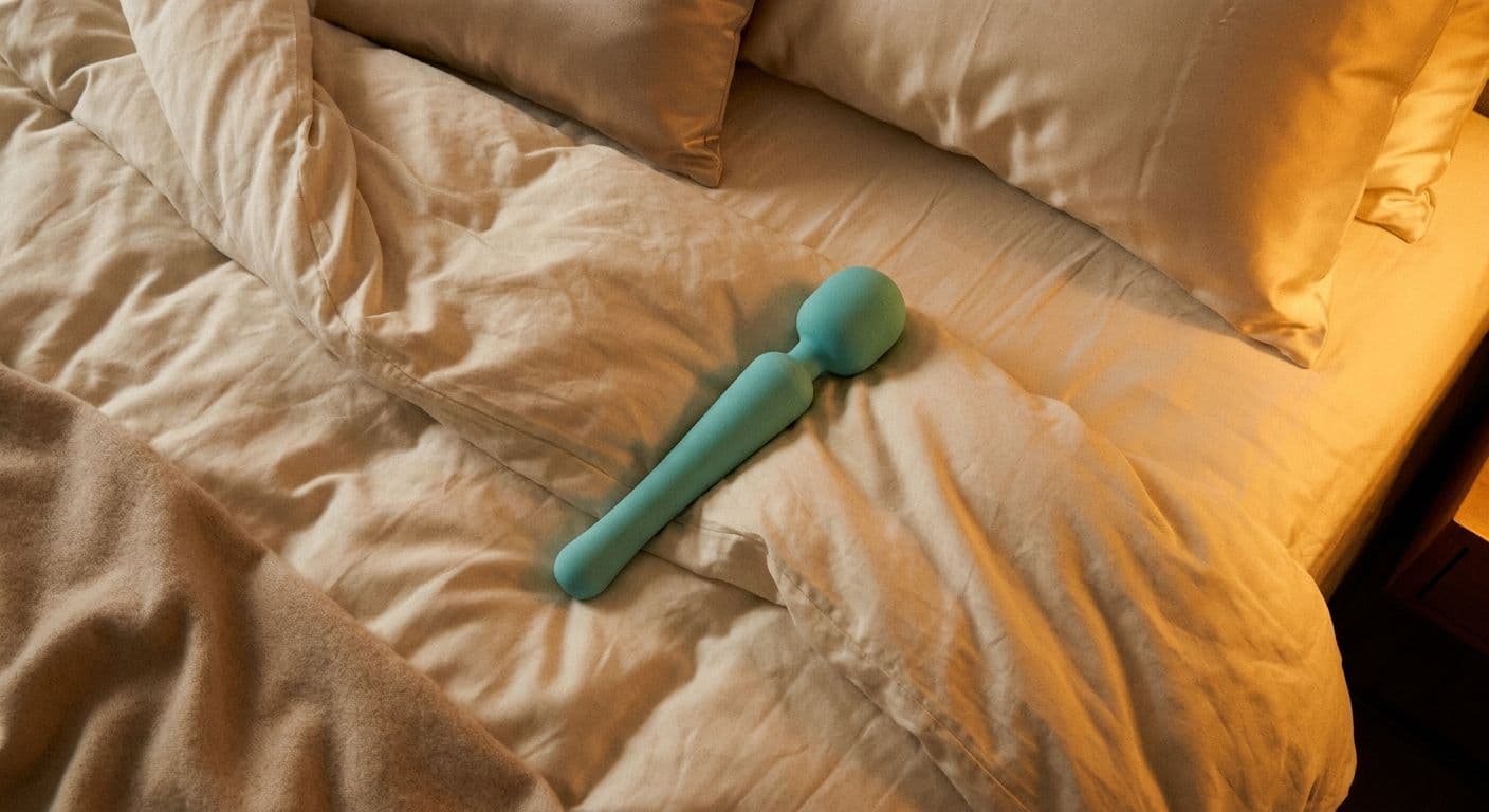 A bedside table with a sleek curved massager, glass of water, and amber lamp beside white linen sheets, warm evening light