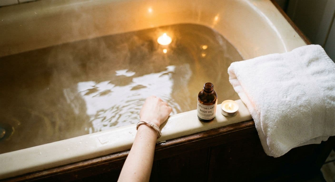 A steaming bath seen from above, amber oil bottle and candle at the edge, a pale arm resting over the side, golden candlelight on the water